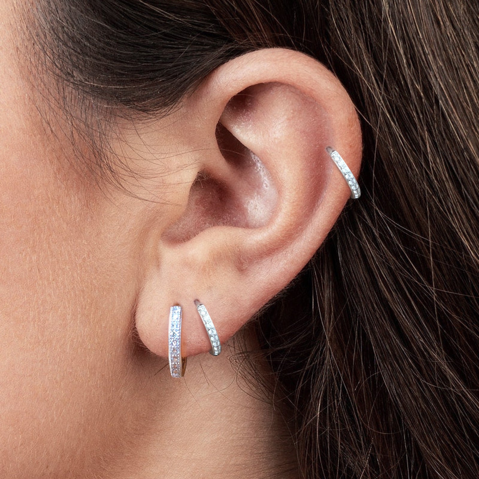 Clear Crystal Silver Huggie Hoop Earrings