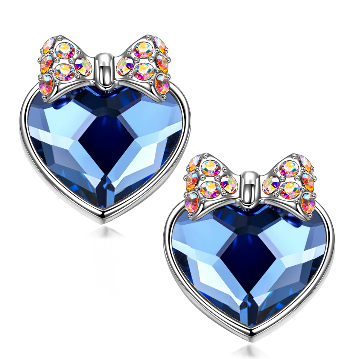 Blue Heart Crystal Bow Stud Earrings