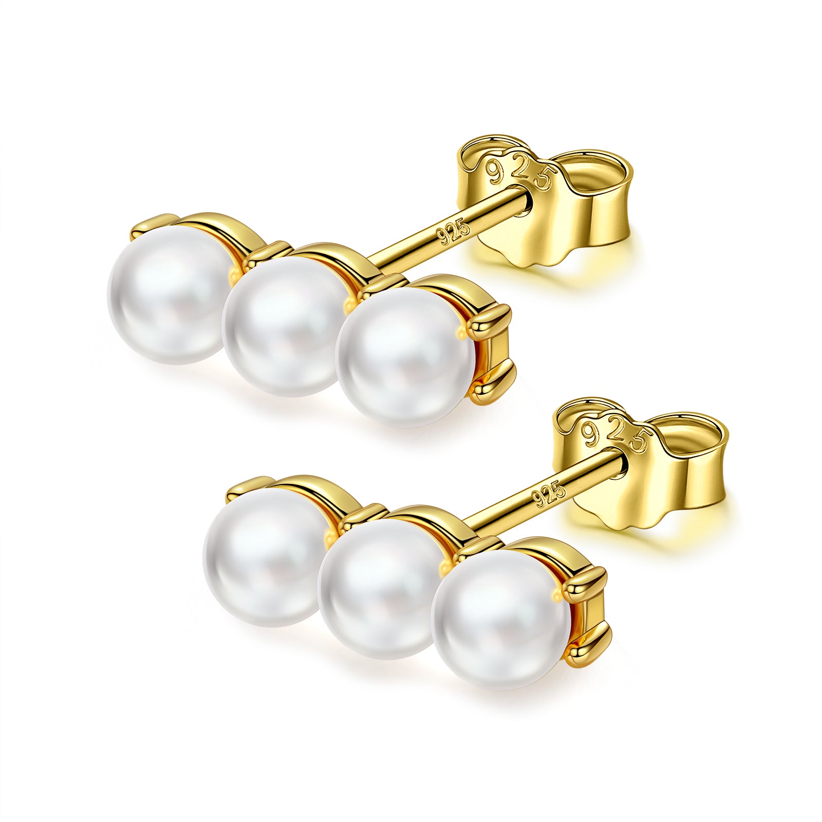 Gold Tone Triple Faux Pearl Stud Earrings