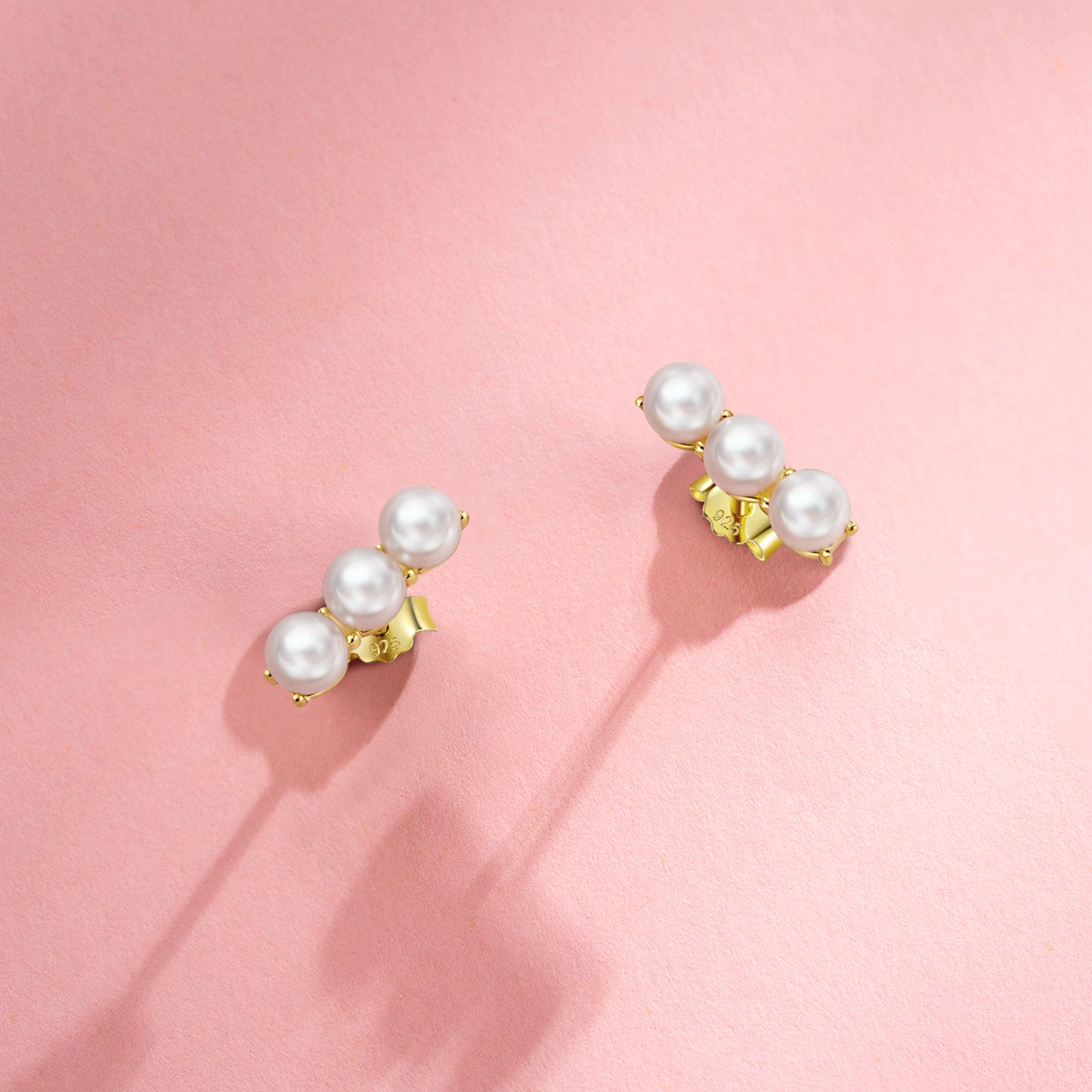 Gold Tone Triple Faux Pearl Stud Earrings