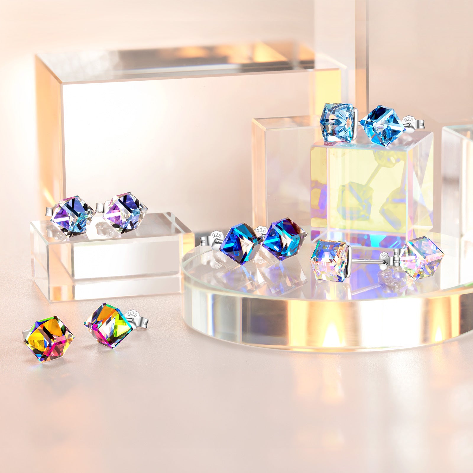 Aqua Square Crystal Stud Earrings