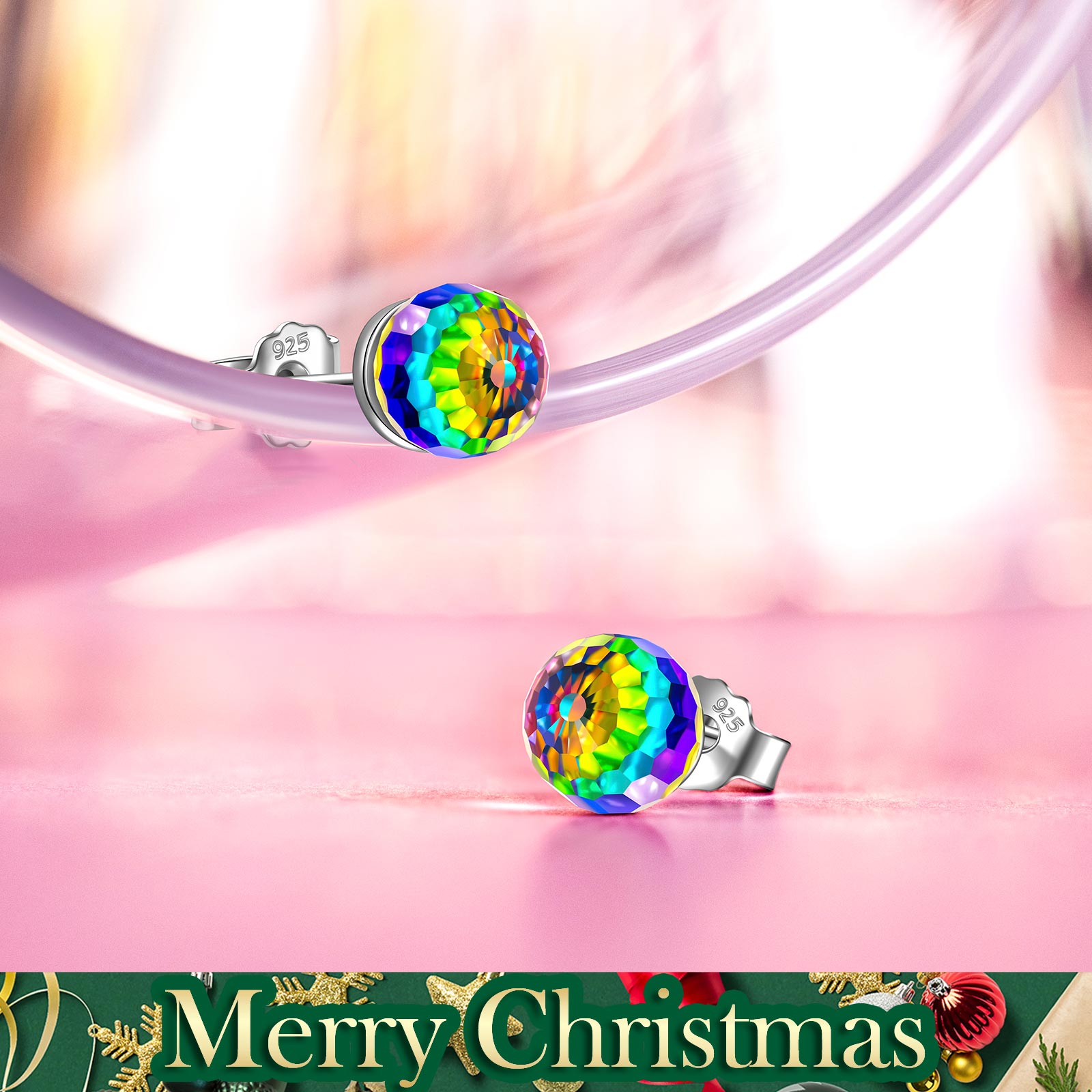 Rainbow Iridescent Round Crystal Stud Earrings