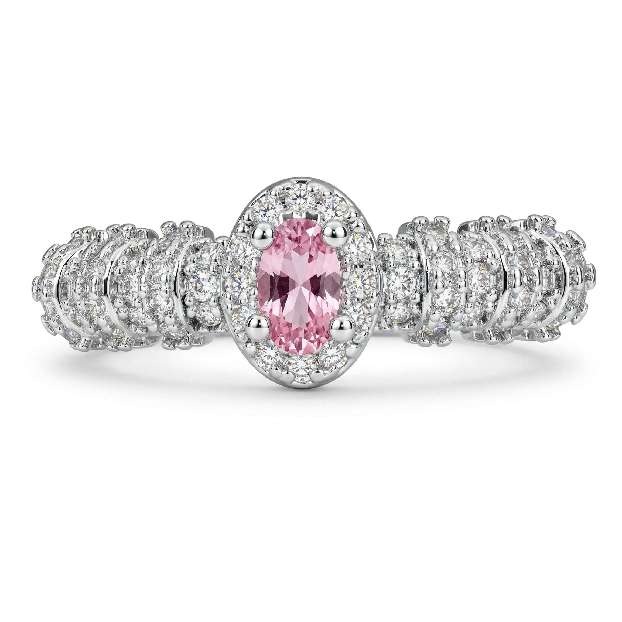 Romantic Blush Pink Oval Halo Open Ring with Vintage-Inspired Charm