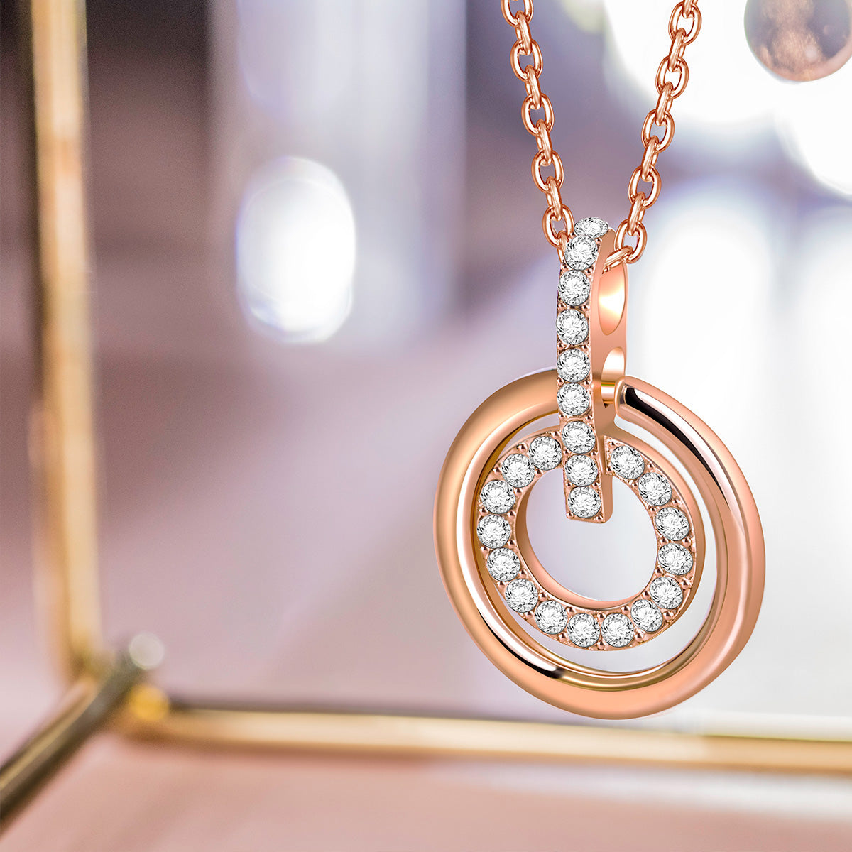 Rose Gold Double Circle Crystal Pendant Necklace