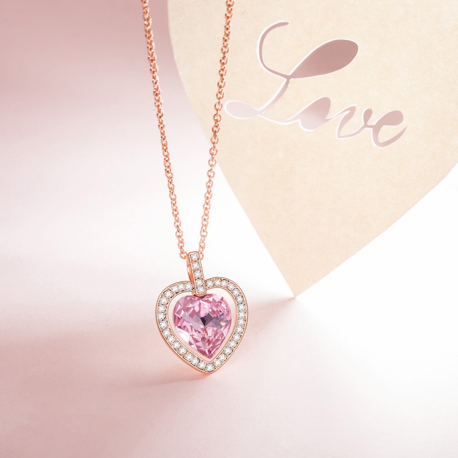 Rose Gold Pink Heart Crystal Pendant Necklace