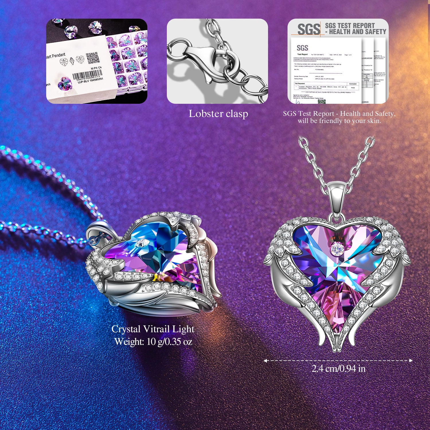 Rainbow Heart Crystal Wings Pendant Necklace