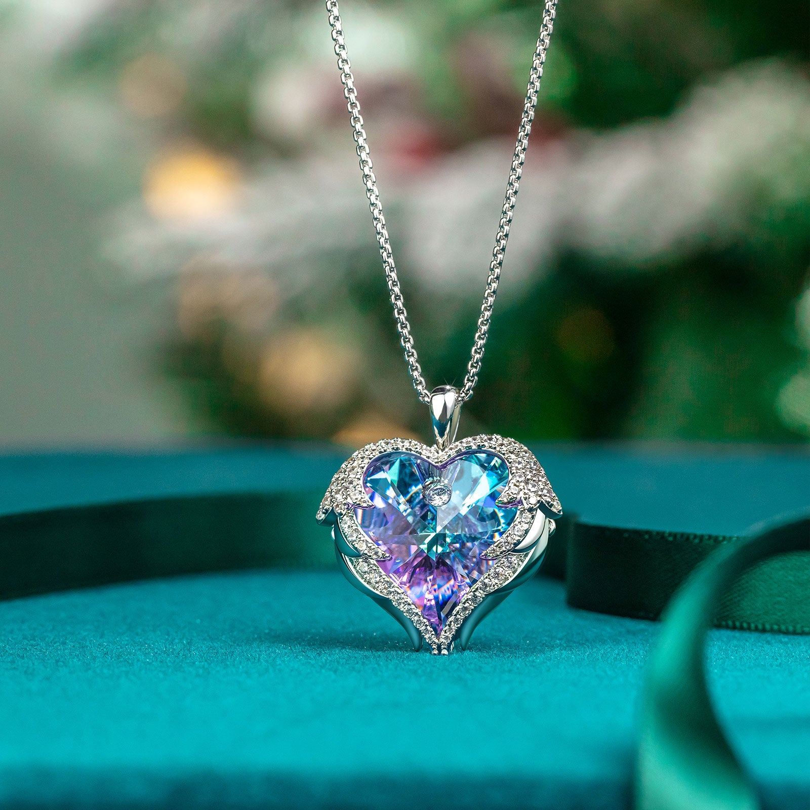 Rainbow Heart Crystal Wings Pendant Necklace