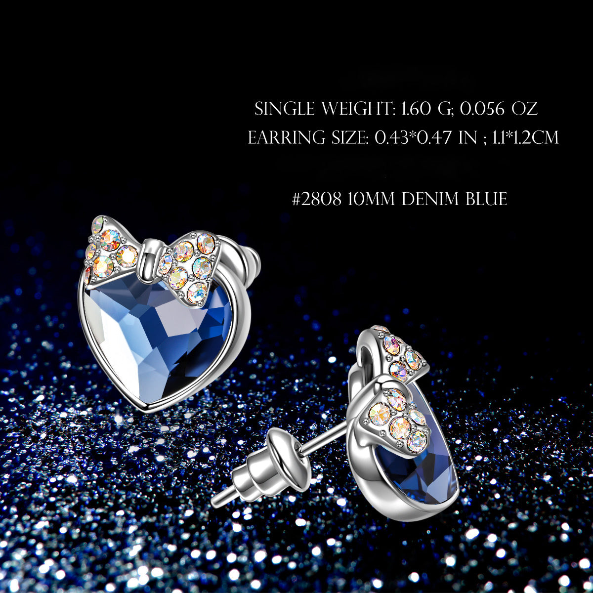 Blue Heart Crystal Bow Stud Earrings