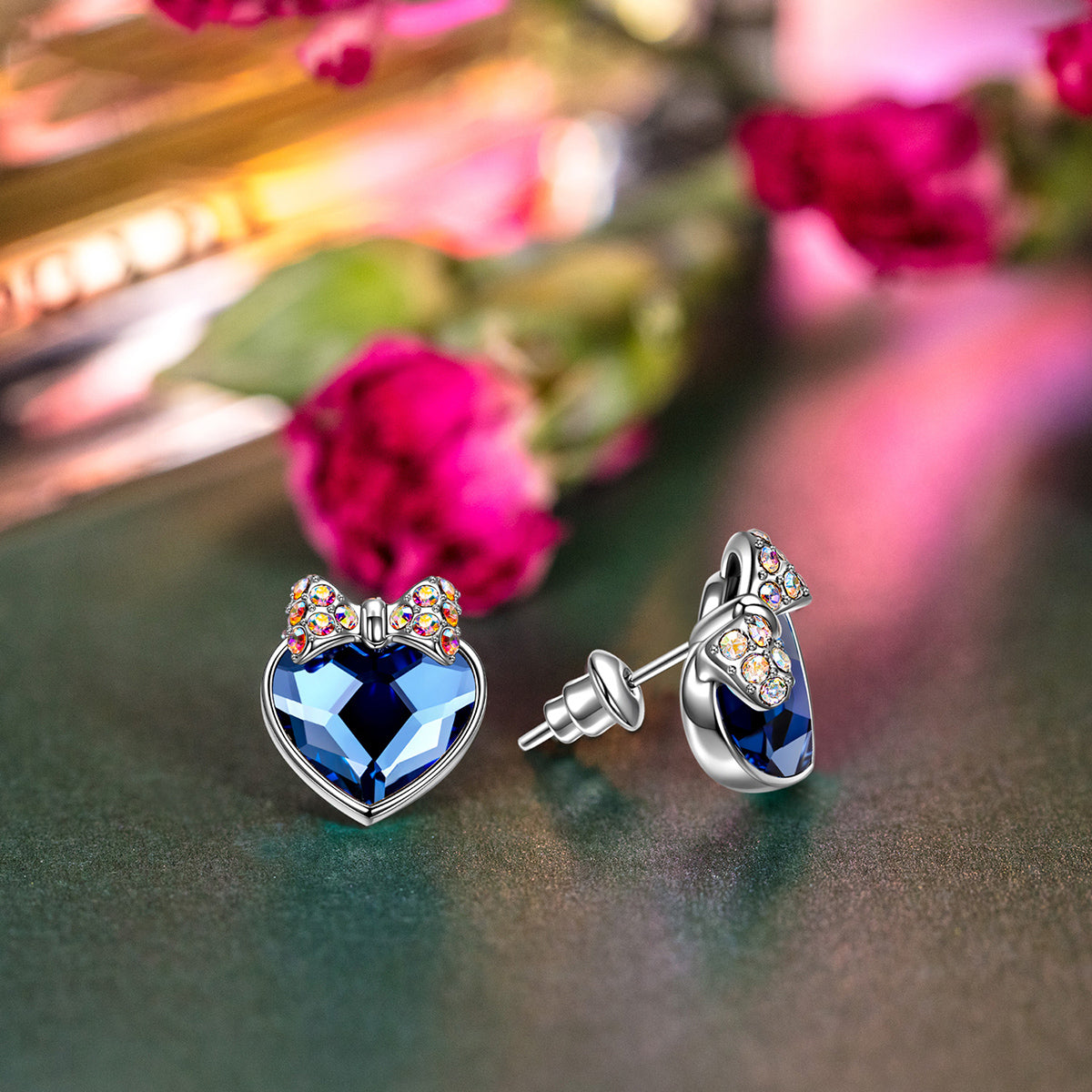 Blue Heart Crystal Bow Stud Earrings