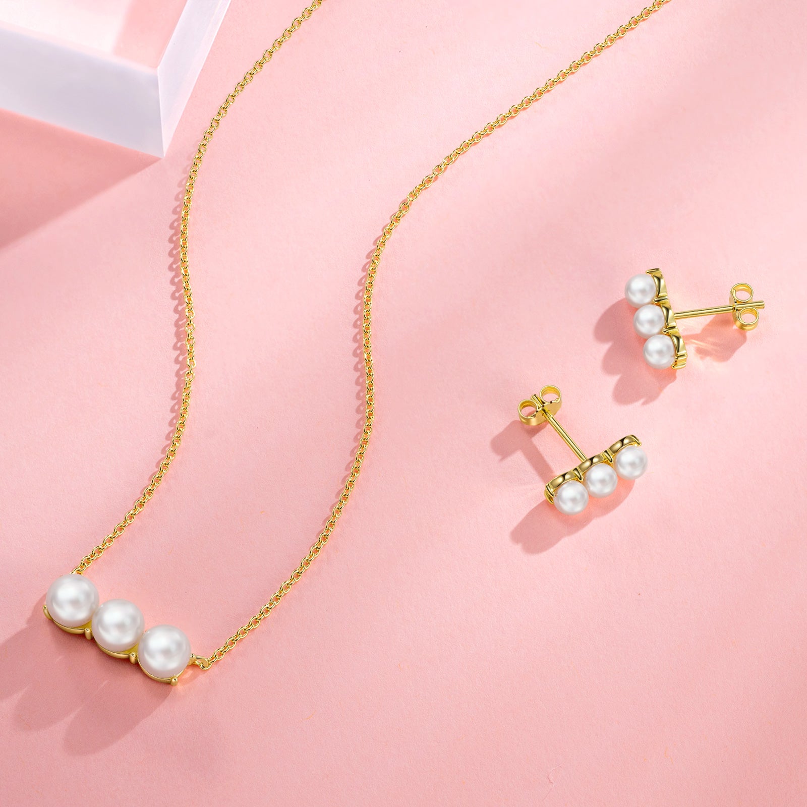 Gold Tone Triple Faux Pearl Stud Earrings