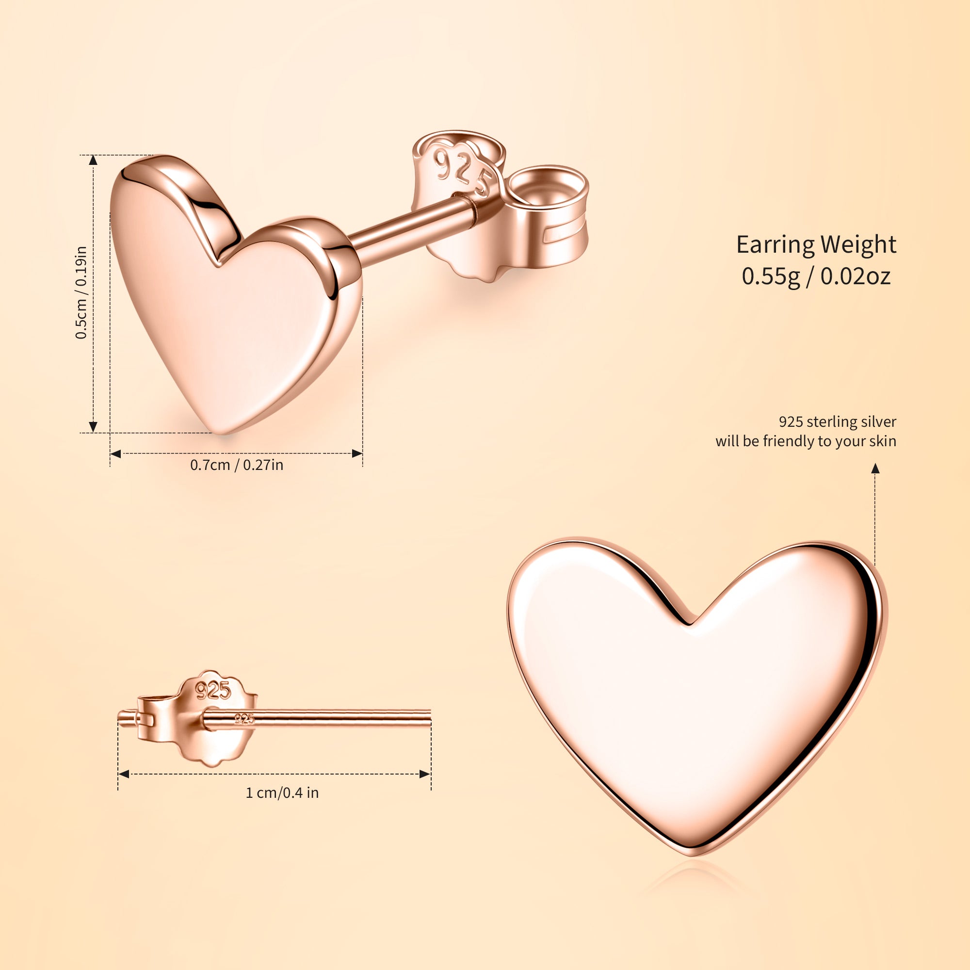Rose Gold Smooth Heart Stud Earrings