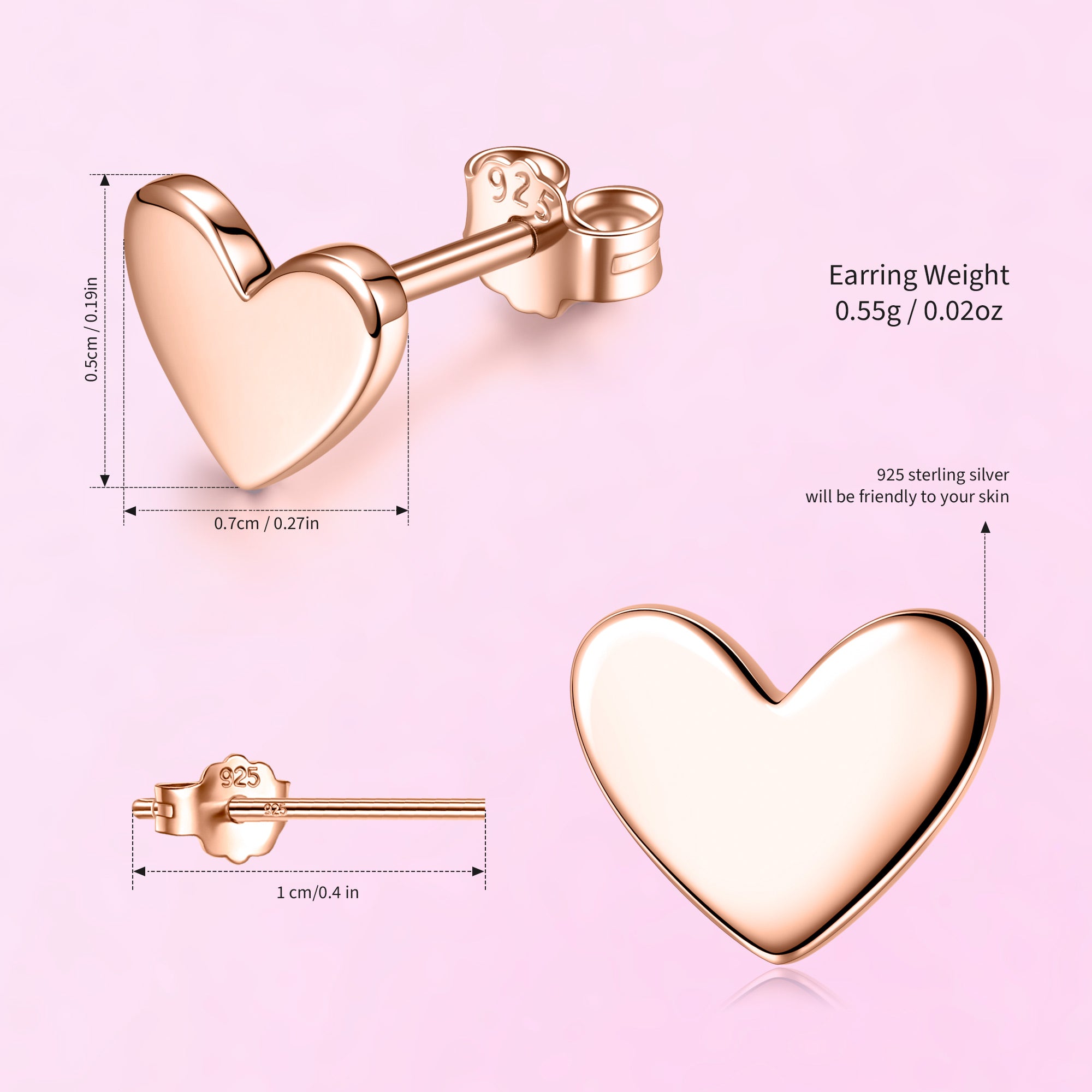 Rose Gold Smooth Heart Stud Earrings