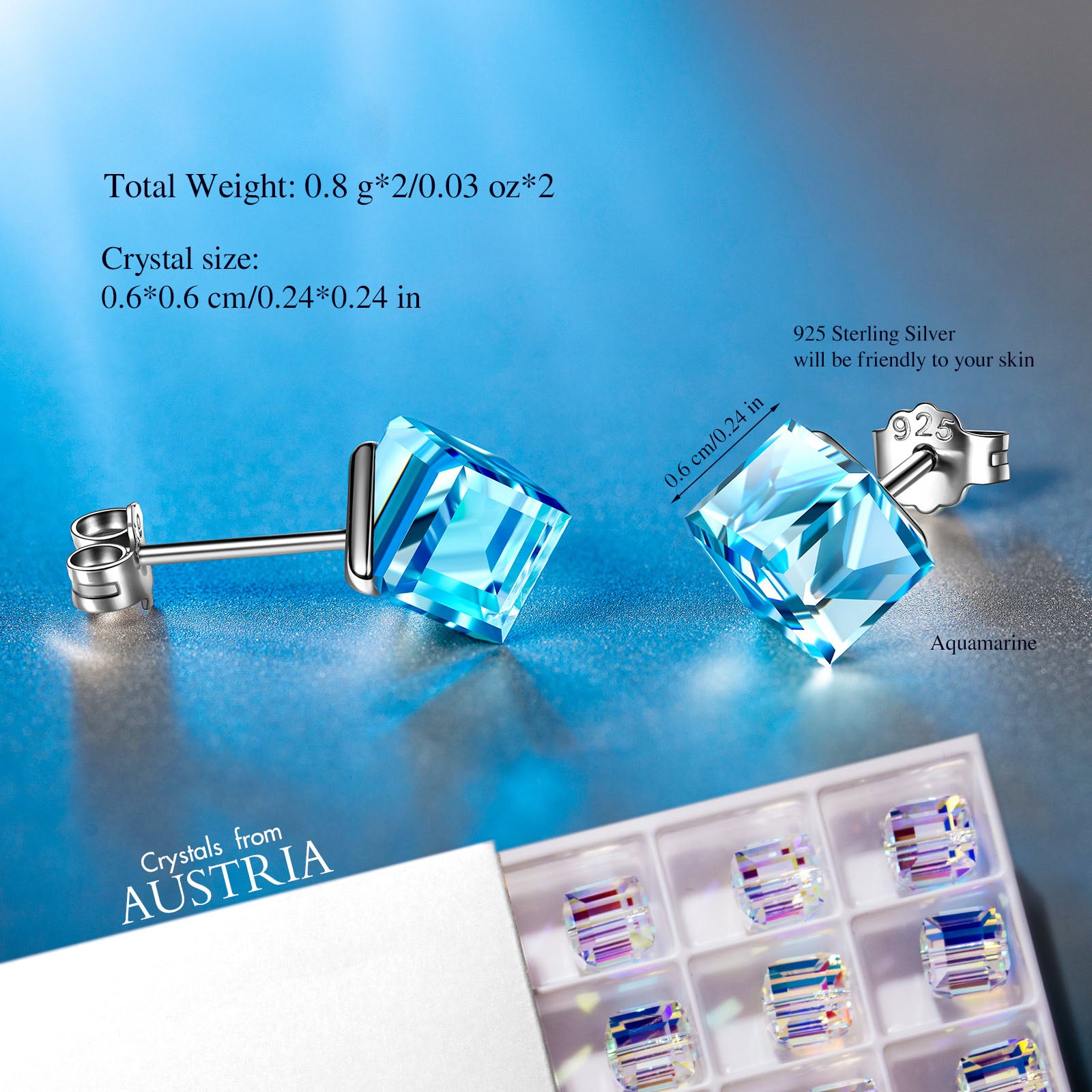 Aqua Square Crystal Stud Earrings