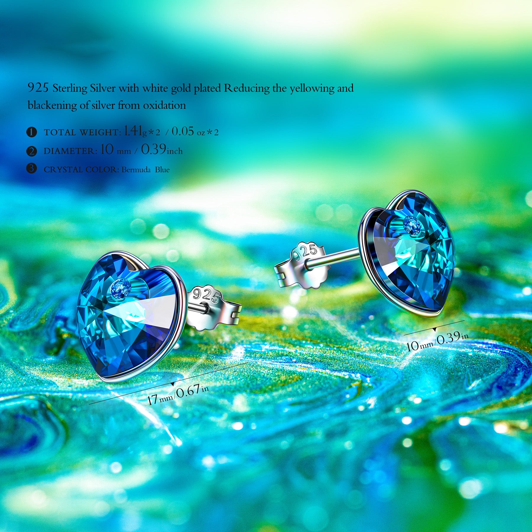 Blue Heart Crystal Stud Earrings