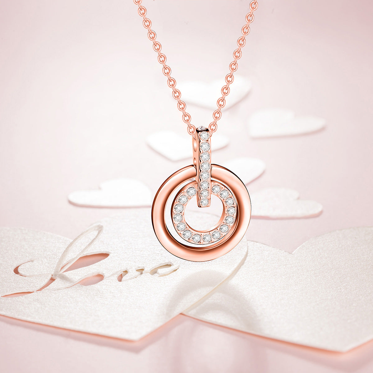 Rose Gold Double Circle Crystal Pendant Necklace