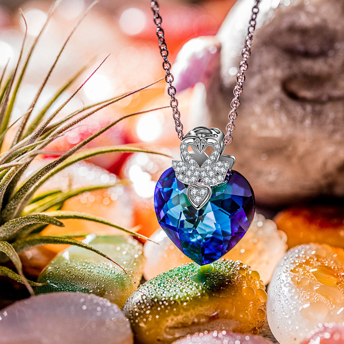 Blue Heart Crystal Crown Pendant Necklace