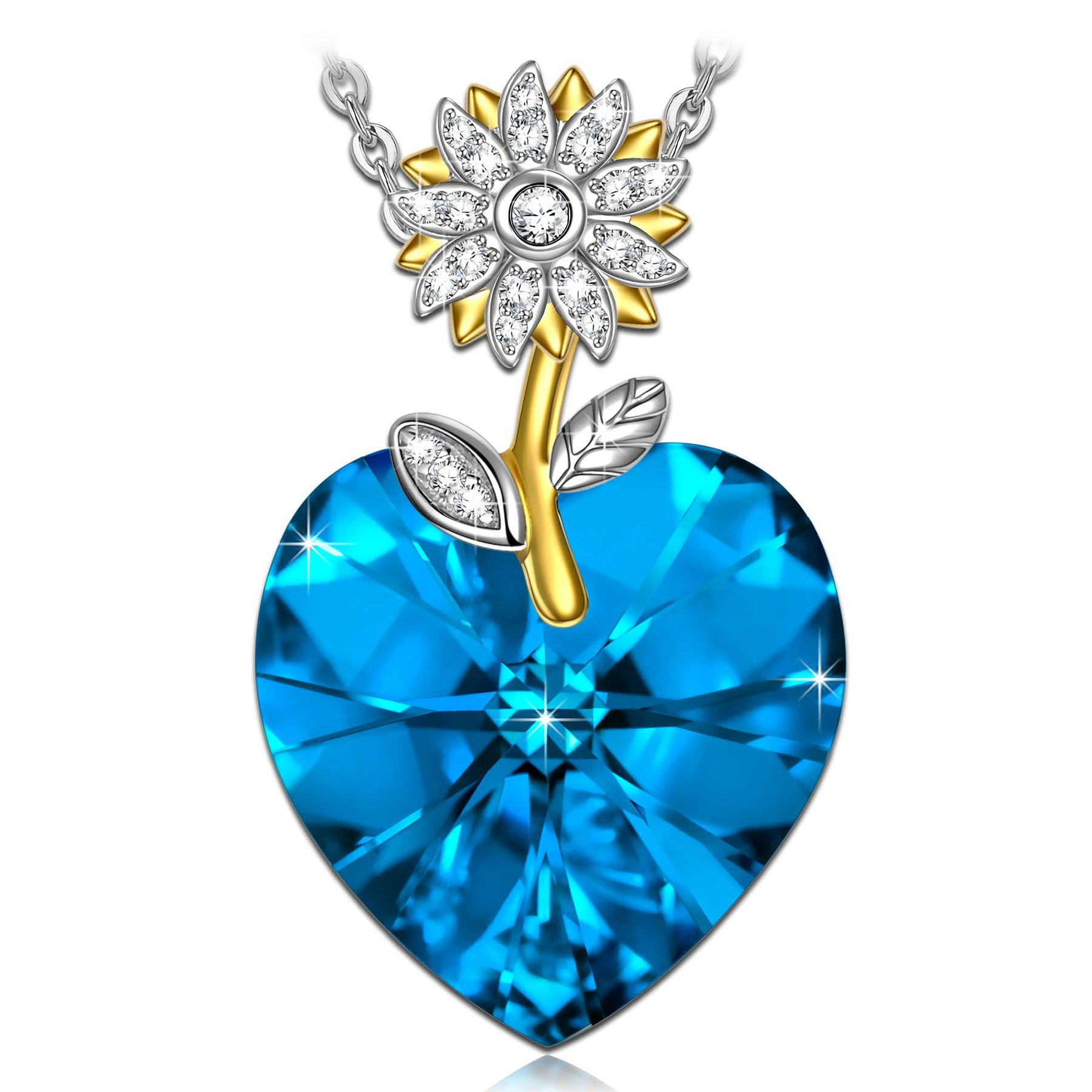 Blue Heart Crystal Flower Pendant Necklace