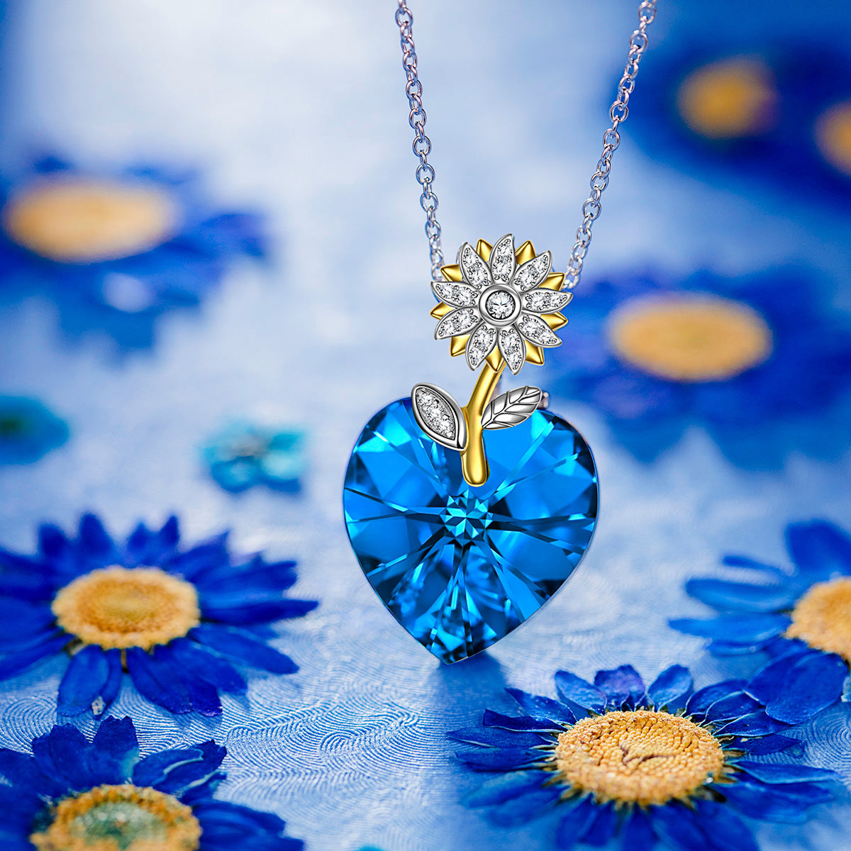 Blue Heart Crystal Flower Pendant Necklace