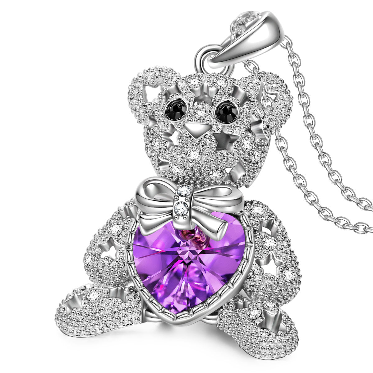 Crystal Teddy Bear Purple Heart Pendant Necklace