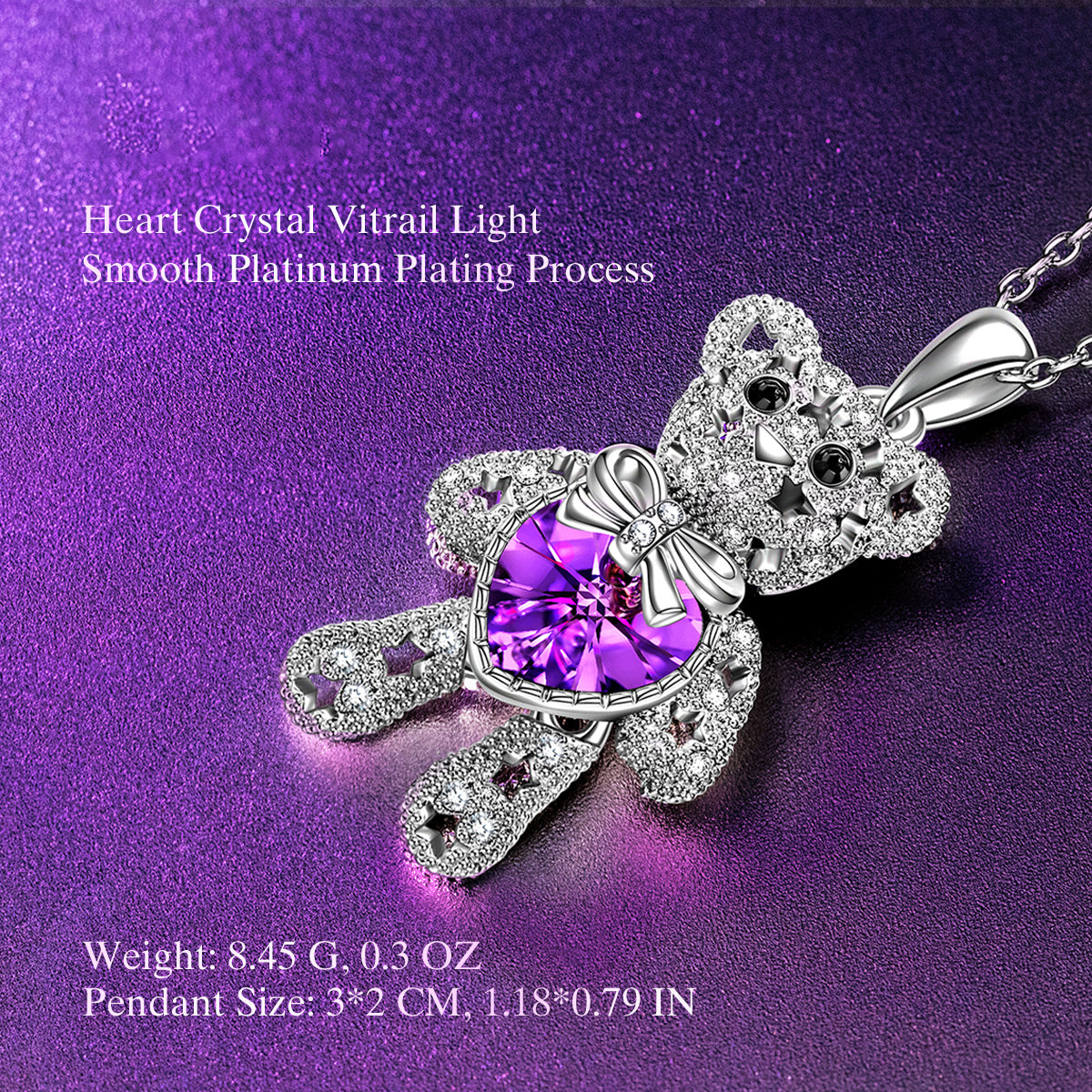 Crystal Teddy Bear Purple Heart Pendant Necklace