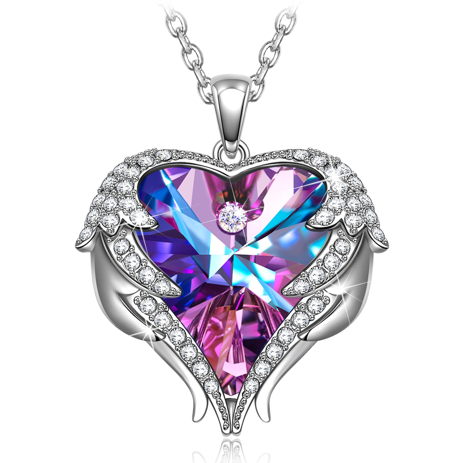 Rainbow Heart Crystal Wings Pendant Necklace