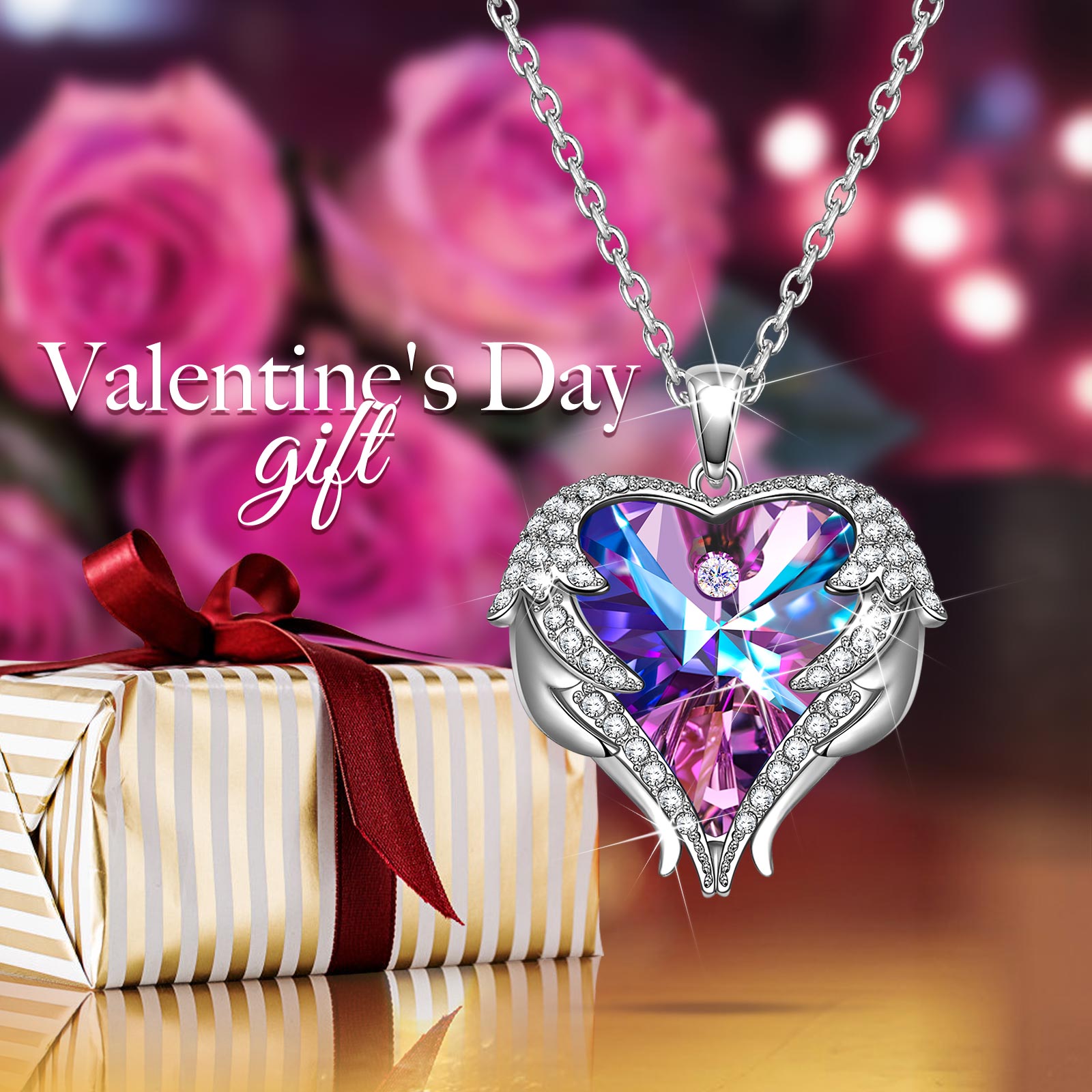Rainbow Heart Crystal Wings Pendant Necklace