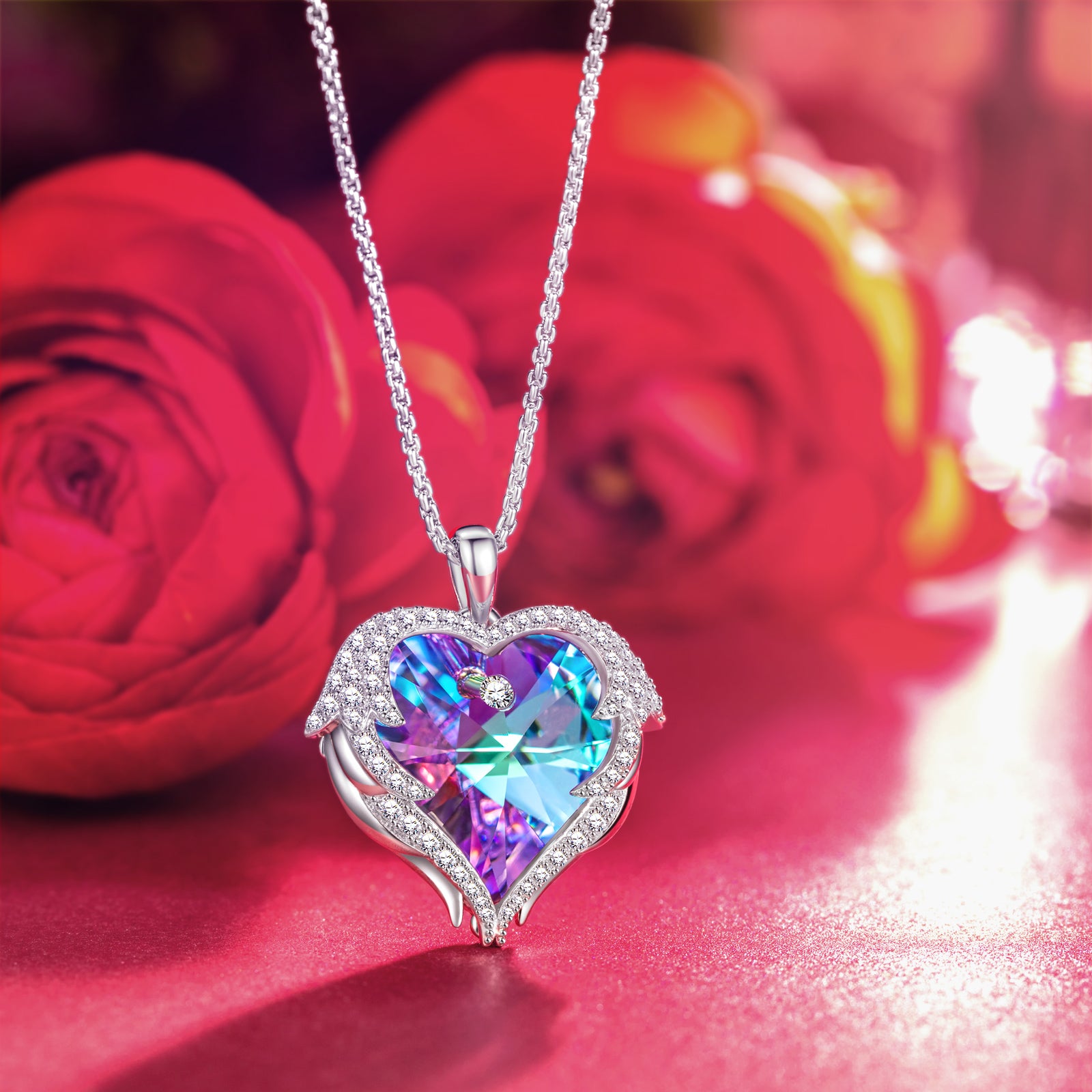 Rainbow Heart Crystal Wings Pendant Necklace